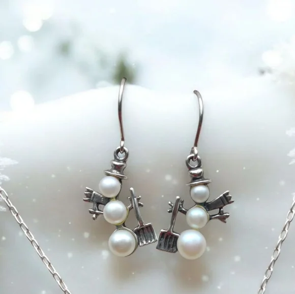 ☃️ Vintage Sterling Shube Signed Pearl Snowman Necklace And Earrings - Picture 4 of 11